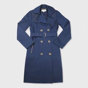 Michael Kors Women’s Small Double Breasted Rain Trench Coat Blue Gold Studded